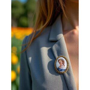 Vintage 1960's Limoges Goldette Porcelain Cameo Brooch—Hand-Painted Portrait